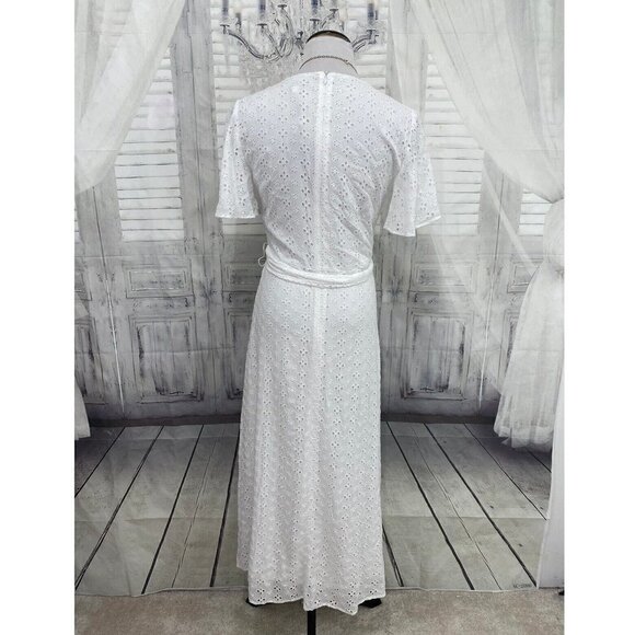 Preston & York Size 6 White Dress Eyelet Rayon Midi Dress Flutter Sleeve Belted - Picture 3 of 11
